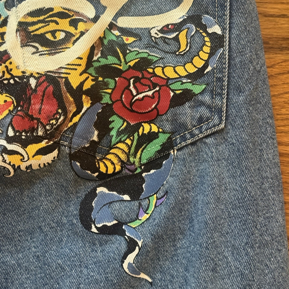 Ed Hardy Womens 30 Baggy Jeans Denim Painted Tattoo Graphic Tiger Koi Snake Y2K - Picture 13 of 16
